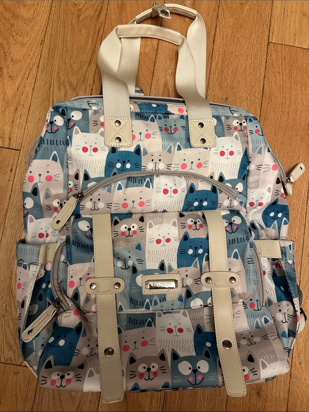 Blue Cat-Print Laptop Backpack Tote with Cream Straps